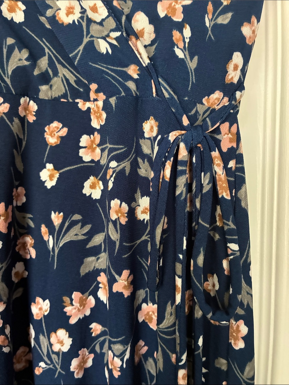 Kaileigh Navy Floral Wrap Midi Dress with Peach Blossoms - Picture 3 of 4